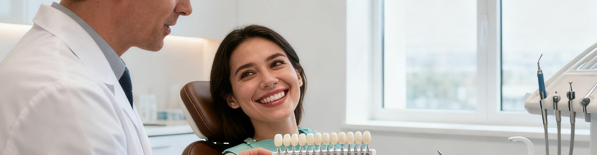 Man showing tooth shade-matching tool to smiling woman.